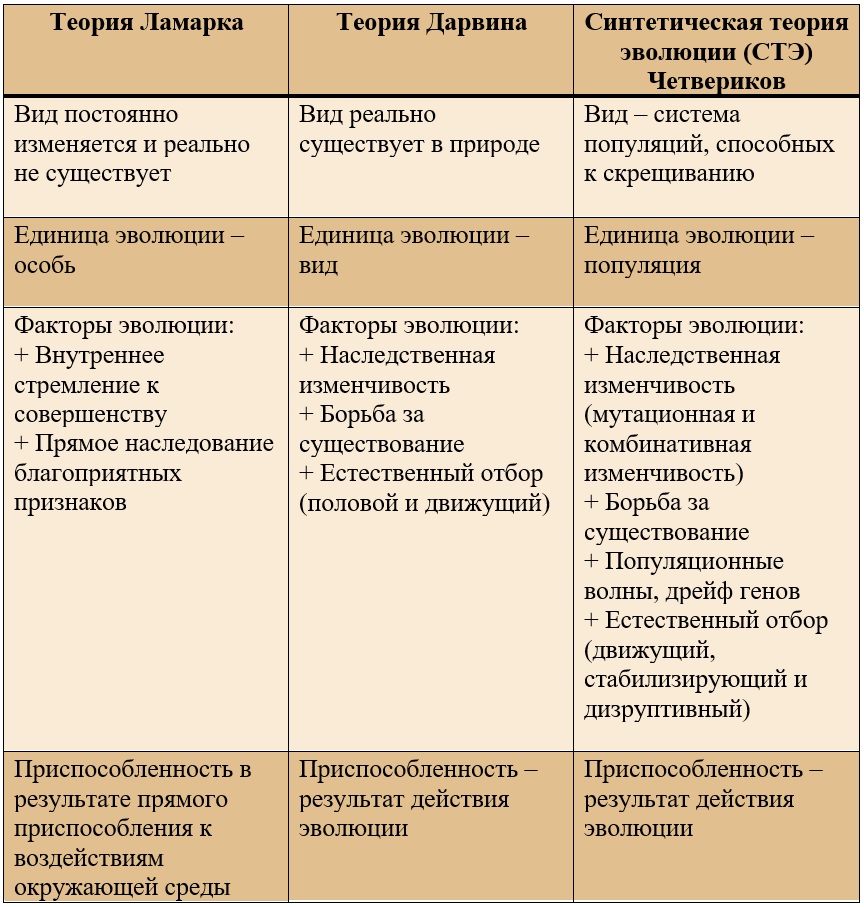 сравнение теории Ламарка, Дарвина и синтетической теории Четверикова