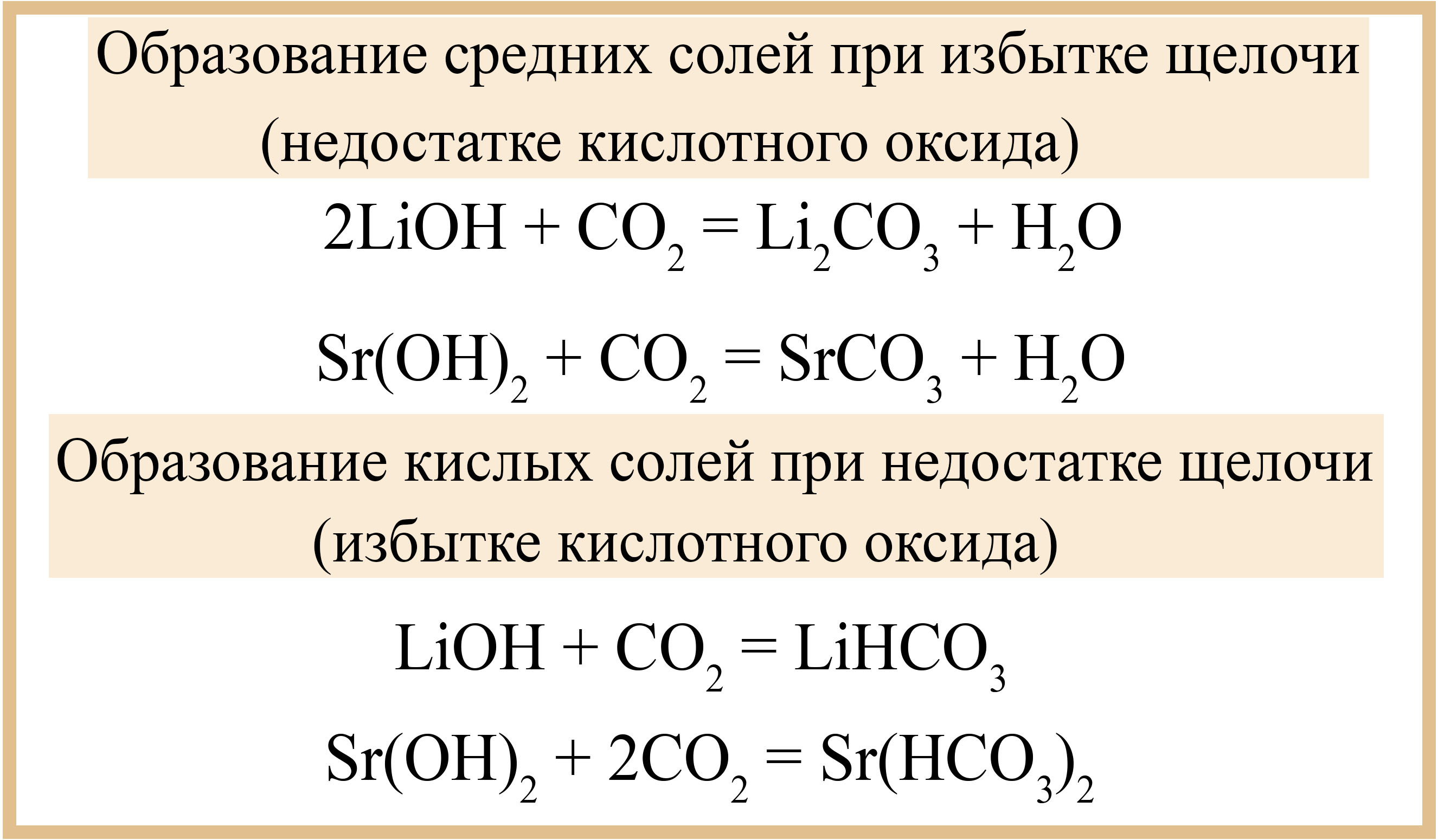 Напишите уравнение реакции кислотного оксида с водой. Образование кислой соли. Взаимодействие оксидов с кислотами и щелочами. Взаимодействие оснований с кислотными оксидами. Взаимодействие щелочей с кислотами.